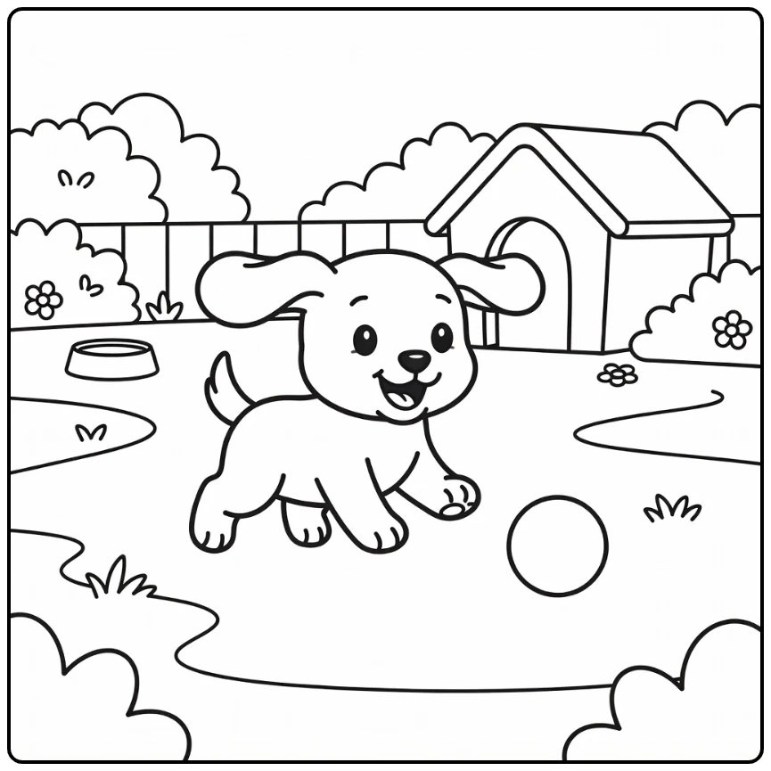 Puppy chases ball in backyard - baby animal coloring pages