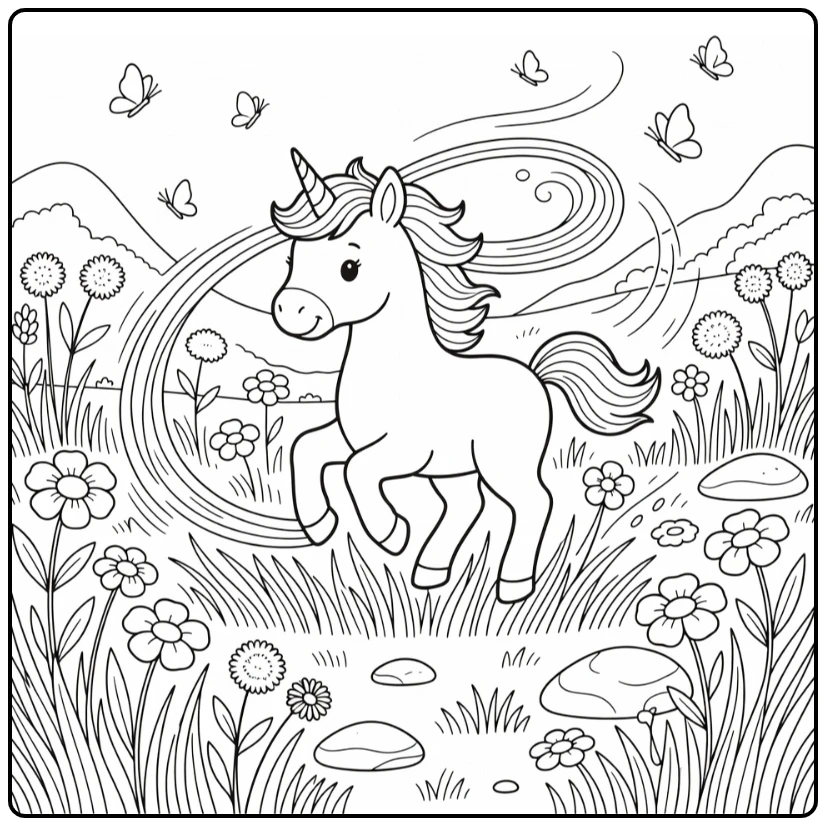 Baby unicorn coloring page: foal chases floating ribbon in grass