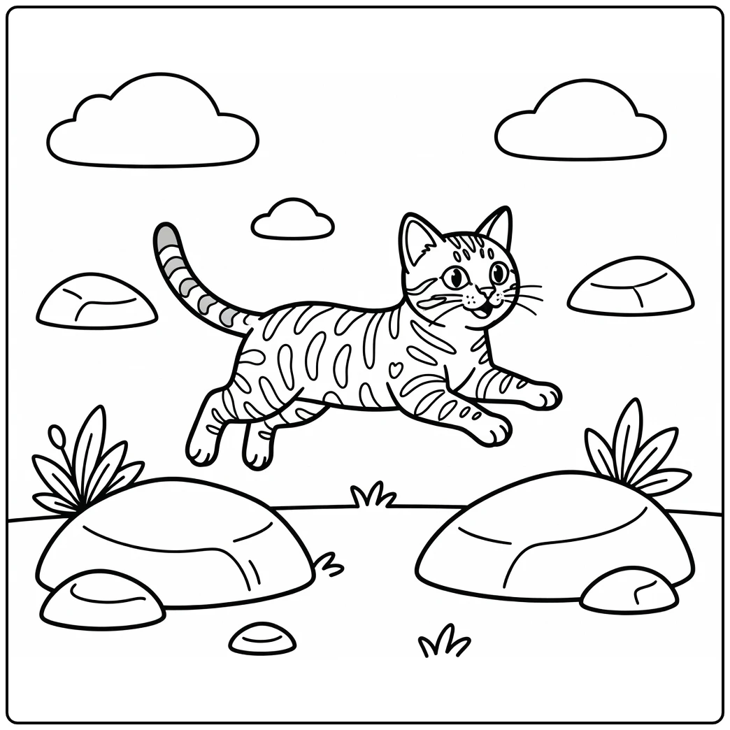 Bengal cat coloring pages: playful cat leaping rocks mid-air