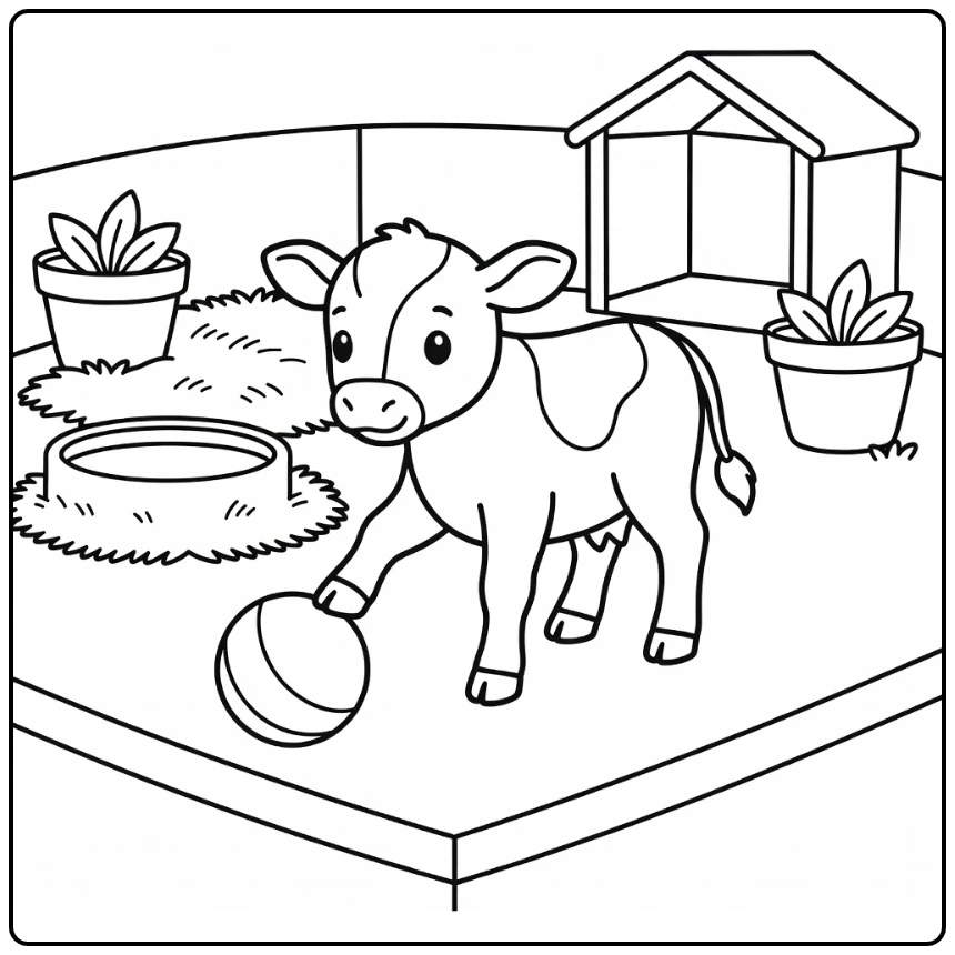 Kindergarten farm animals coloring page: calf taps ball in play pen