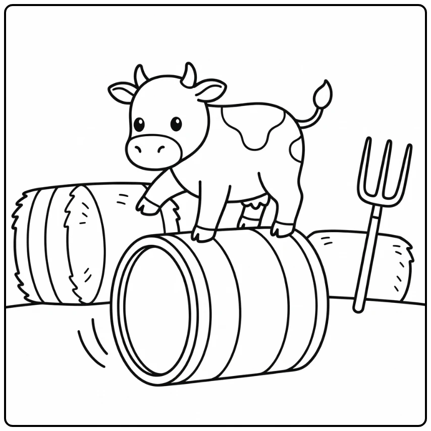 Cartoon cow balancing on rolling barrel, cartoon cow coloring pages