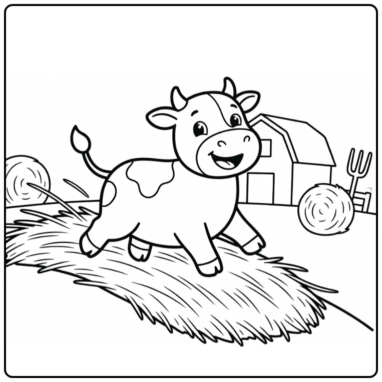 Joyful cartoon cow sliding haystack slope, cartoon cow coloring pages