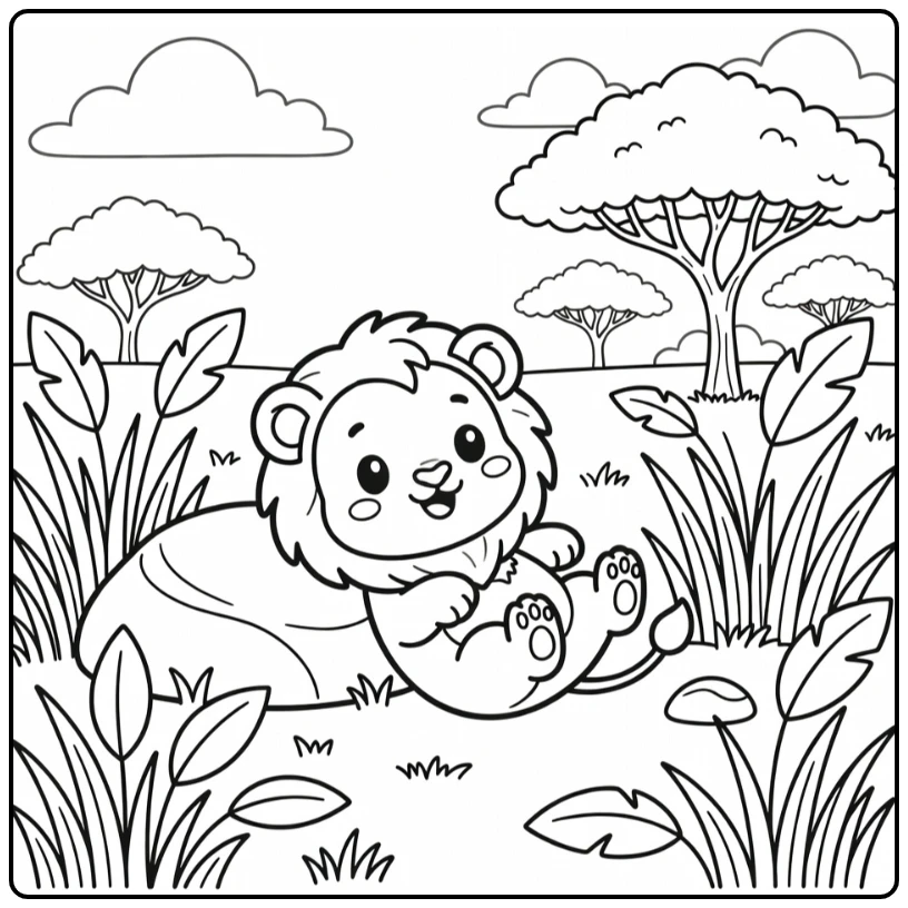 Chibi lion cub rolling on back chibi animal coloring page