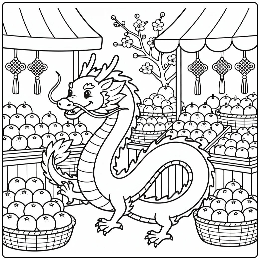 chinese new year dragon coloring page weaving through market stall