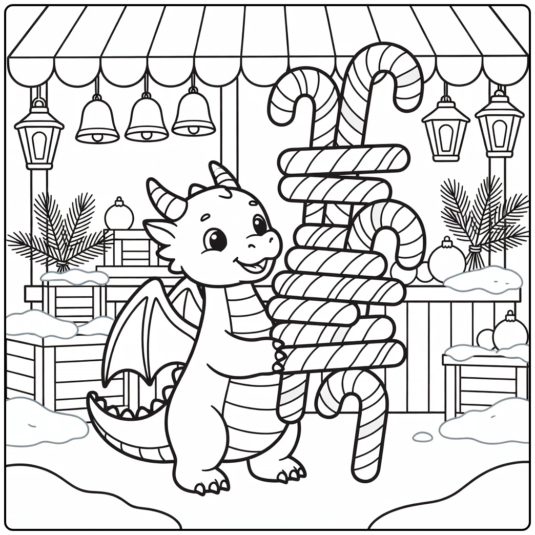 Christmas dragon coloring page balancing candy canes at stall