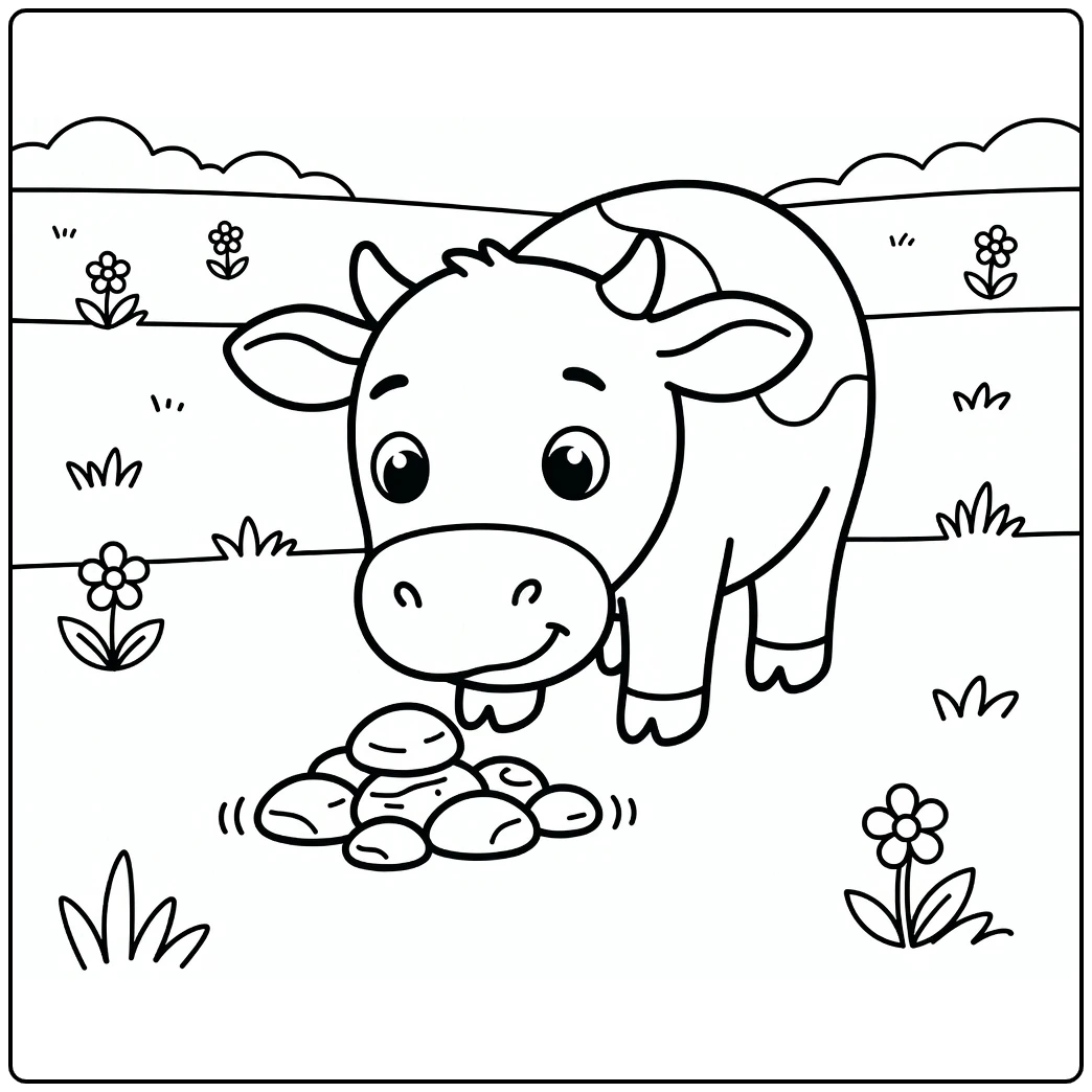 Curious cow nudging pebbles cow coloring pages