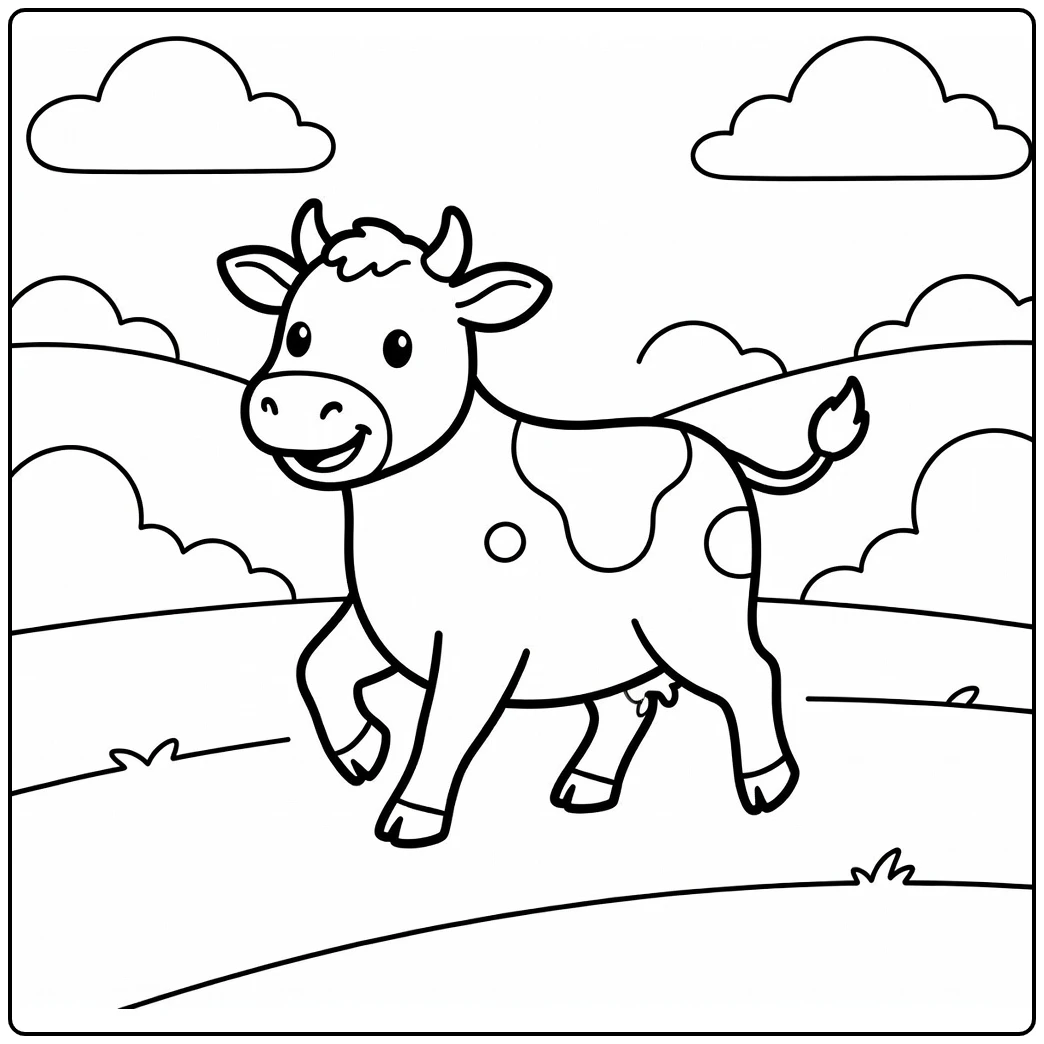Energetic cow trotting across field cow coloring pages