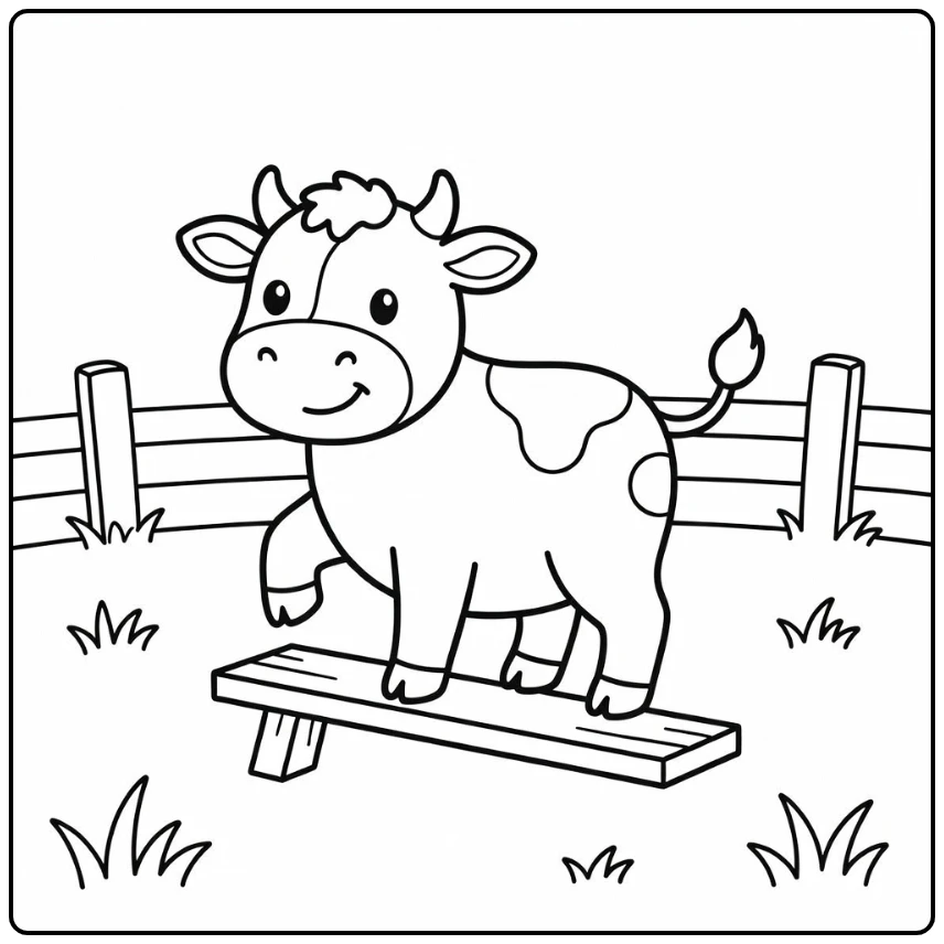 Cute cow balancing on plank - cute cow coloring pages