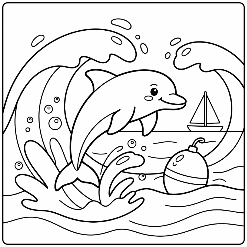 Dolphin leaping ocean wave buoy sea animal coloring page
