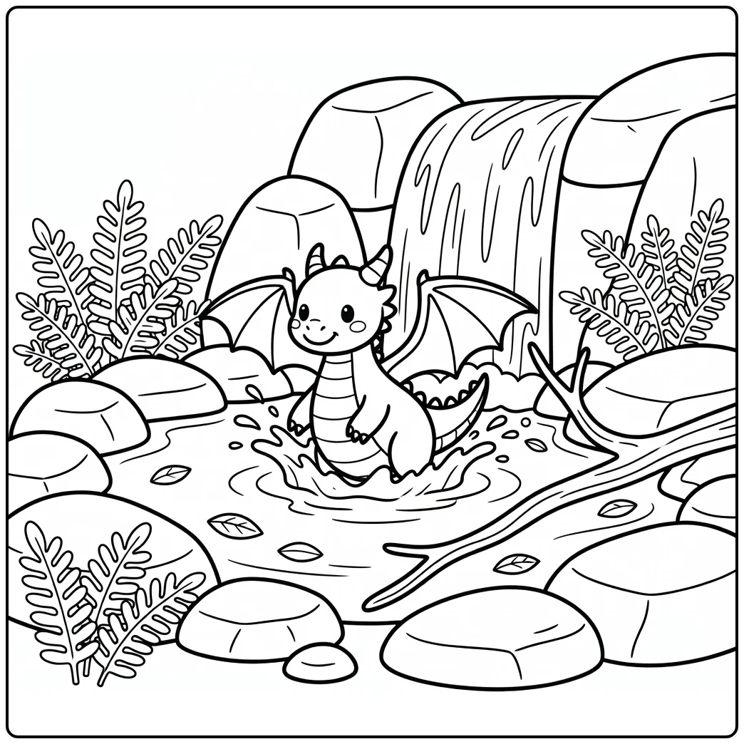 Cute western dragon splashing in waterfall pool dragon coloring page