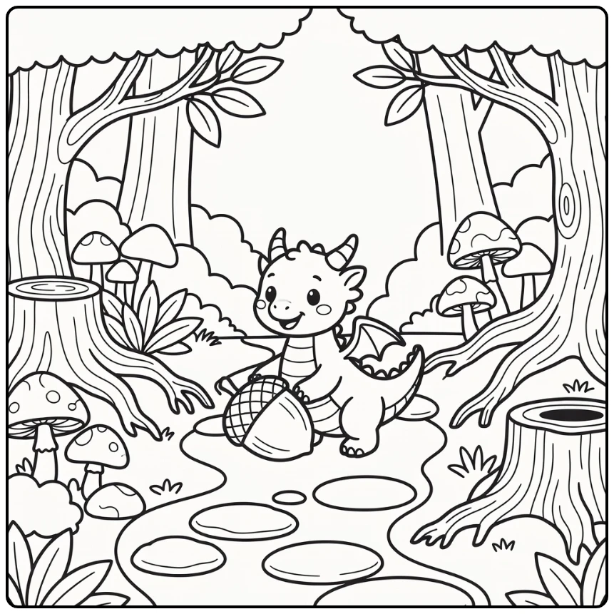 Dragon coloring page for kids: cute dragon rolling giant acorn