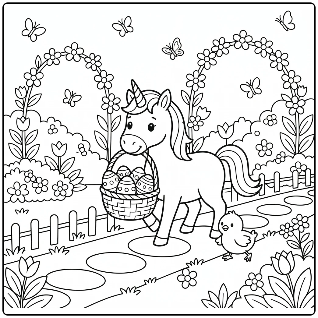 Easter unicorn coloring page: trotting with egg basket, chick