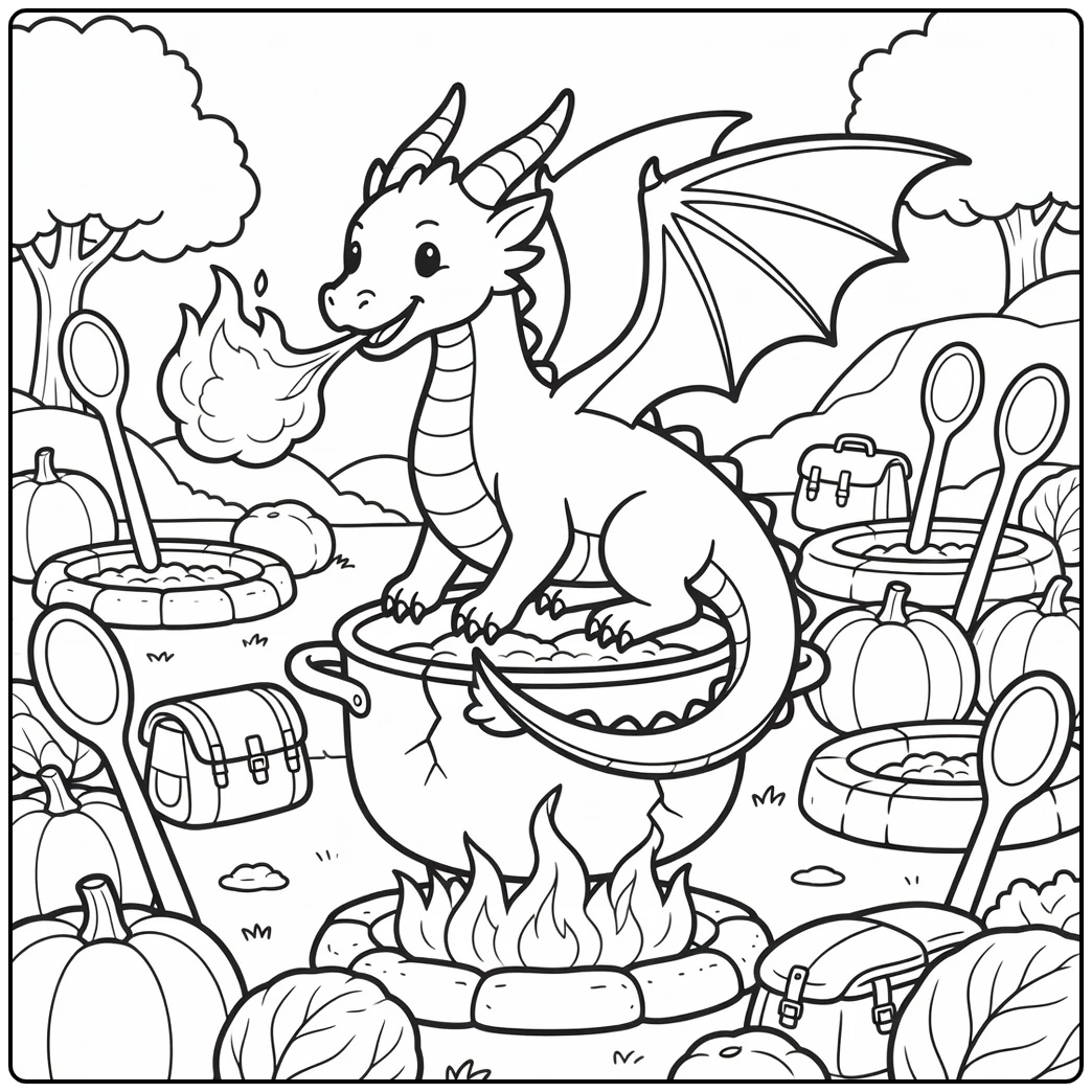 Fire dragon coloring page balancing on cracked pot with flame puff