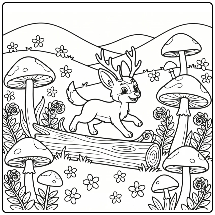 Jackalope leaping over log in mythical animal coloring page