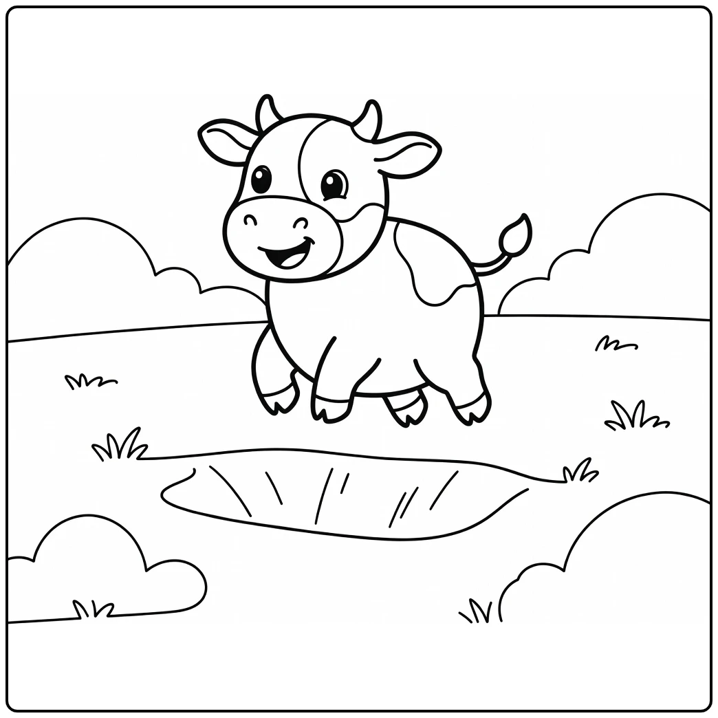 Energetic cow hopping over ditch, cow coloring pages