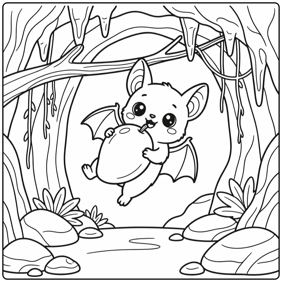 Kawaii baby bat pup hugs fruit in cave - kawaii baby animal coloring pages