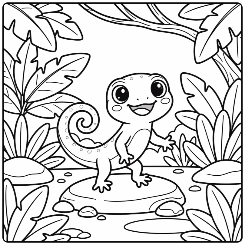 kawaii baby animal coloring pages: gecko chasing curling tail