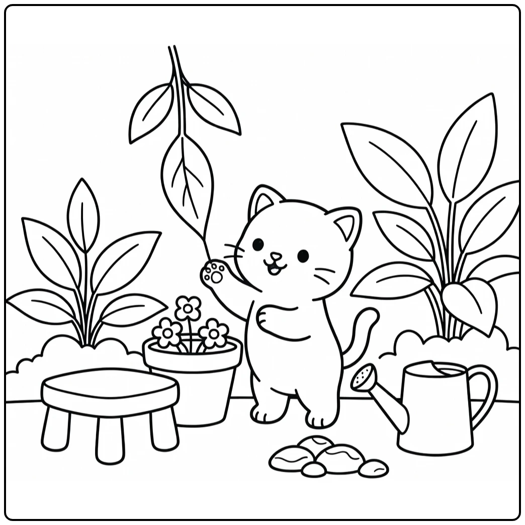 Kitten bats leaf in cozy garden - baby animal coloring pages
