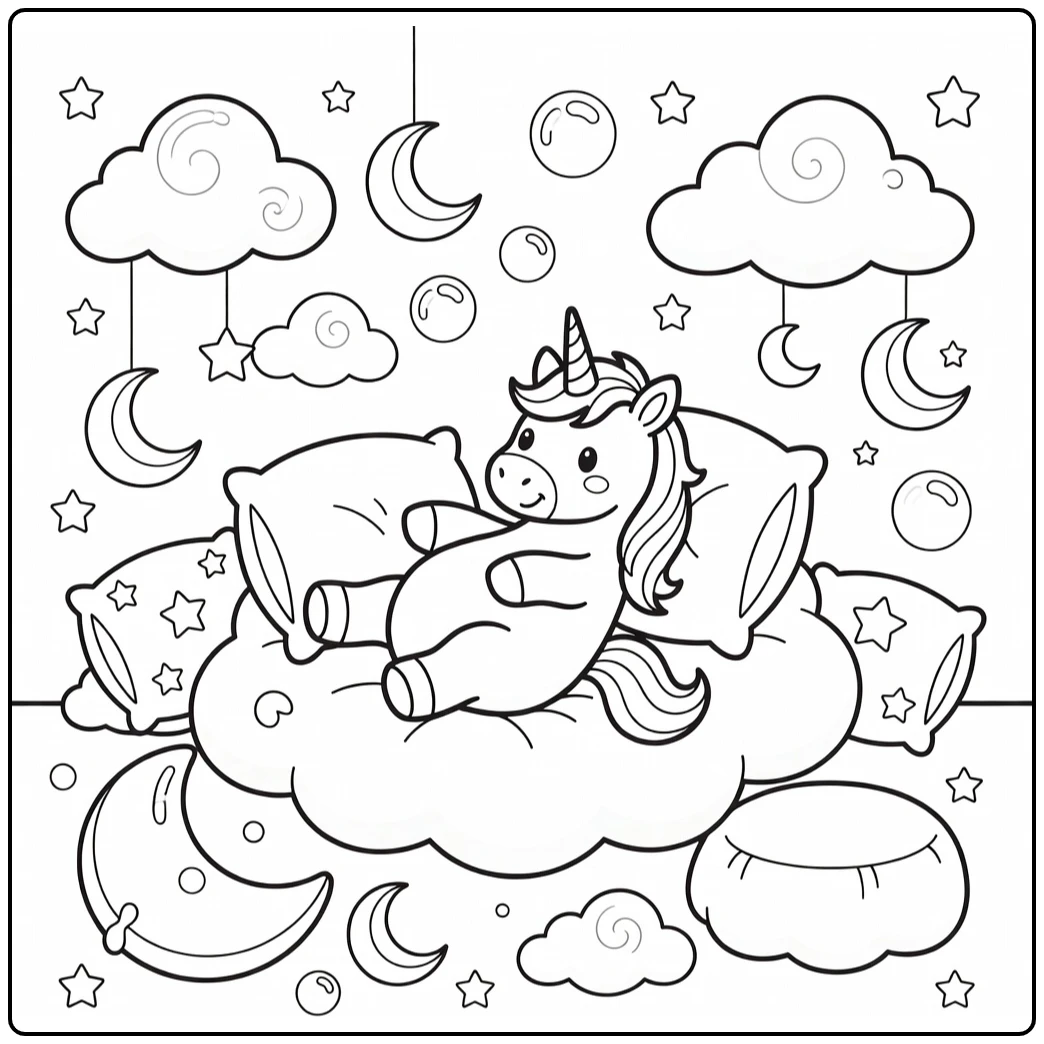 Lying unicorn coloring page on cloud pillows with stars