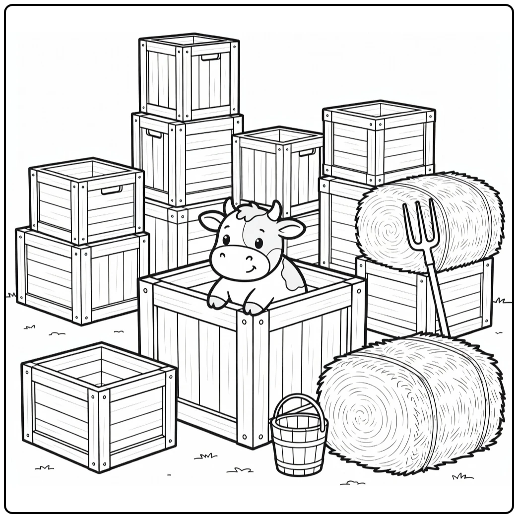 Mini cow coloring pages: cute cow peeking from big crate