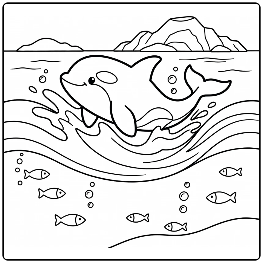 Cute orca rising with splash sea animal coloring page