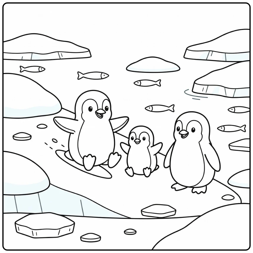 Wild animals coloring page for kids: playful penguin family sliding on ice