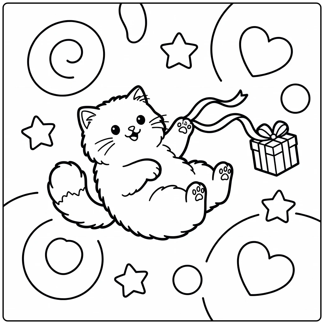 Persian cat coloring pages: playful cat batting ribbon