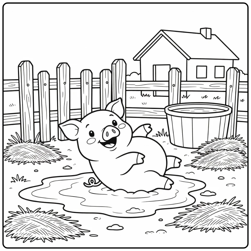 Happy pig rolling in mud puddle farm animal coloring page