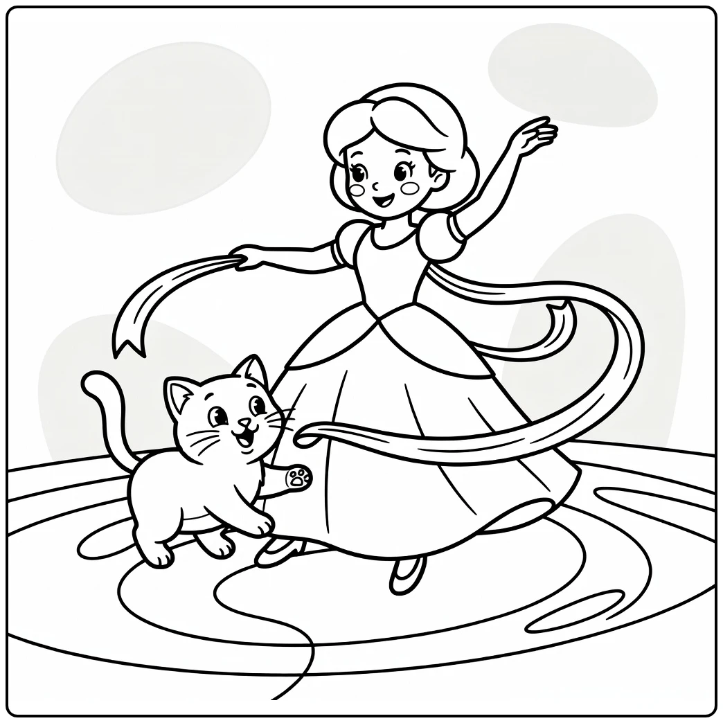 Princess and cat coloring pages: twirling with ribbon chase