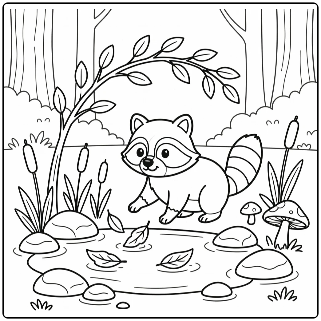 Forest animals coloring page: raccoon reaching puddle leaves