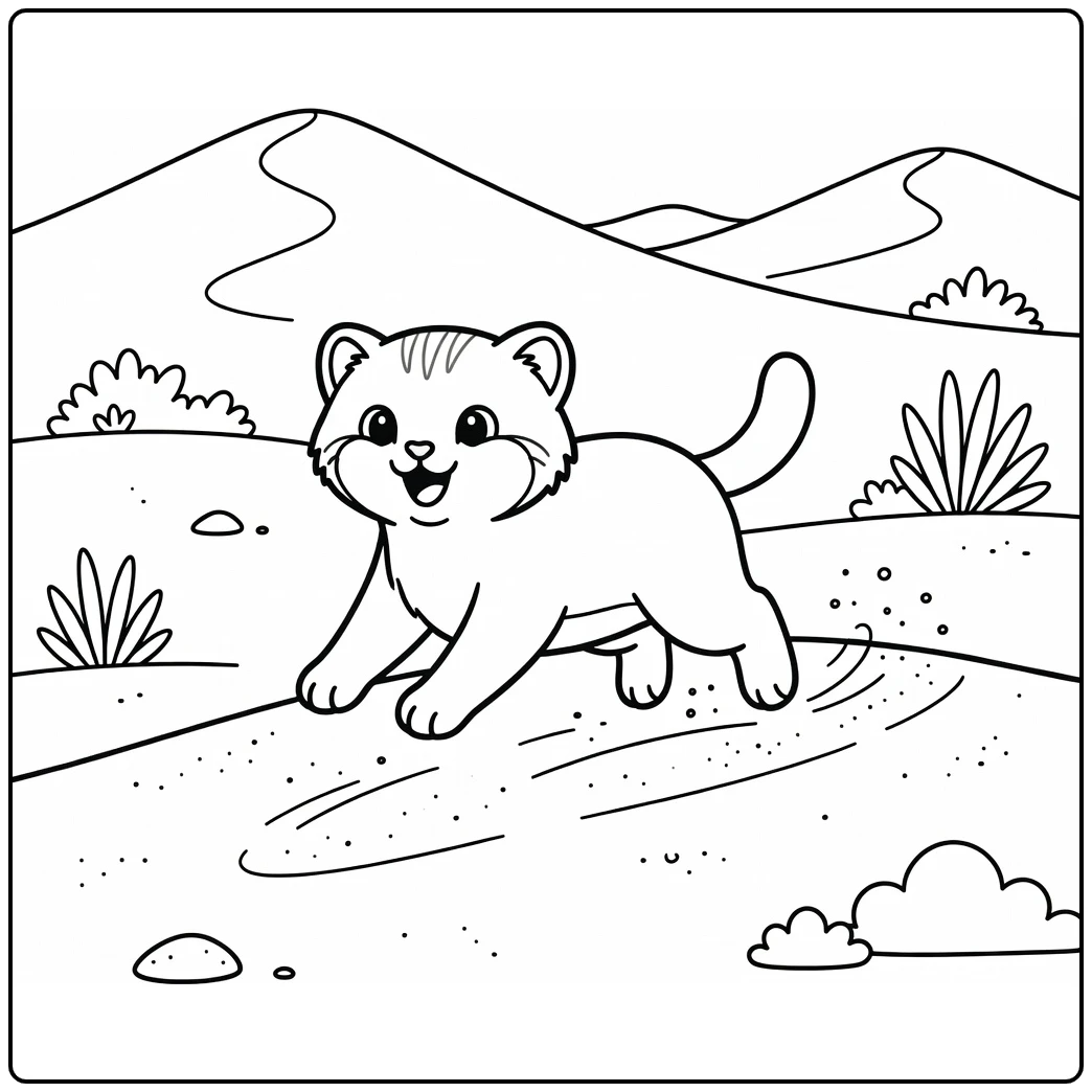 Energetic sand cat leaping on dune: sand cat coloring pages