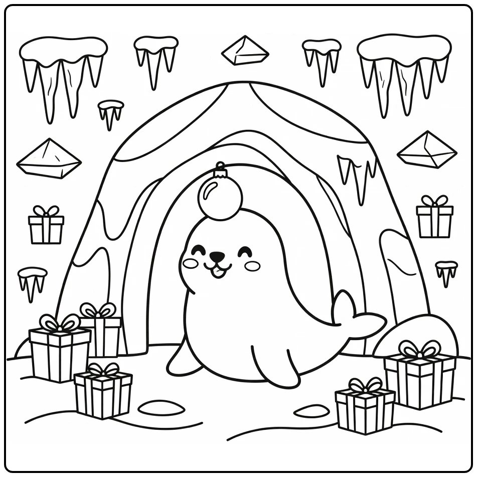 Seal balancing ornament by ice cave: christmas animal coloring page