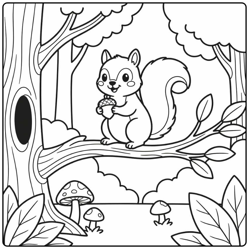 Cute squirrel in cartoon animal coloring page on tree branch
