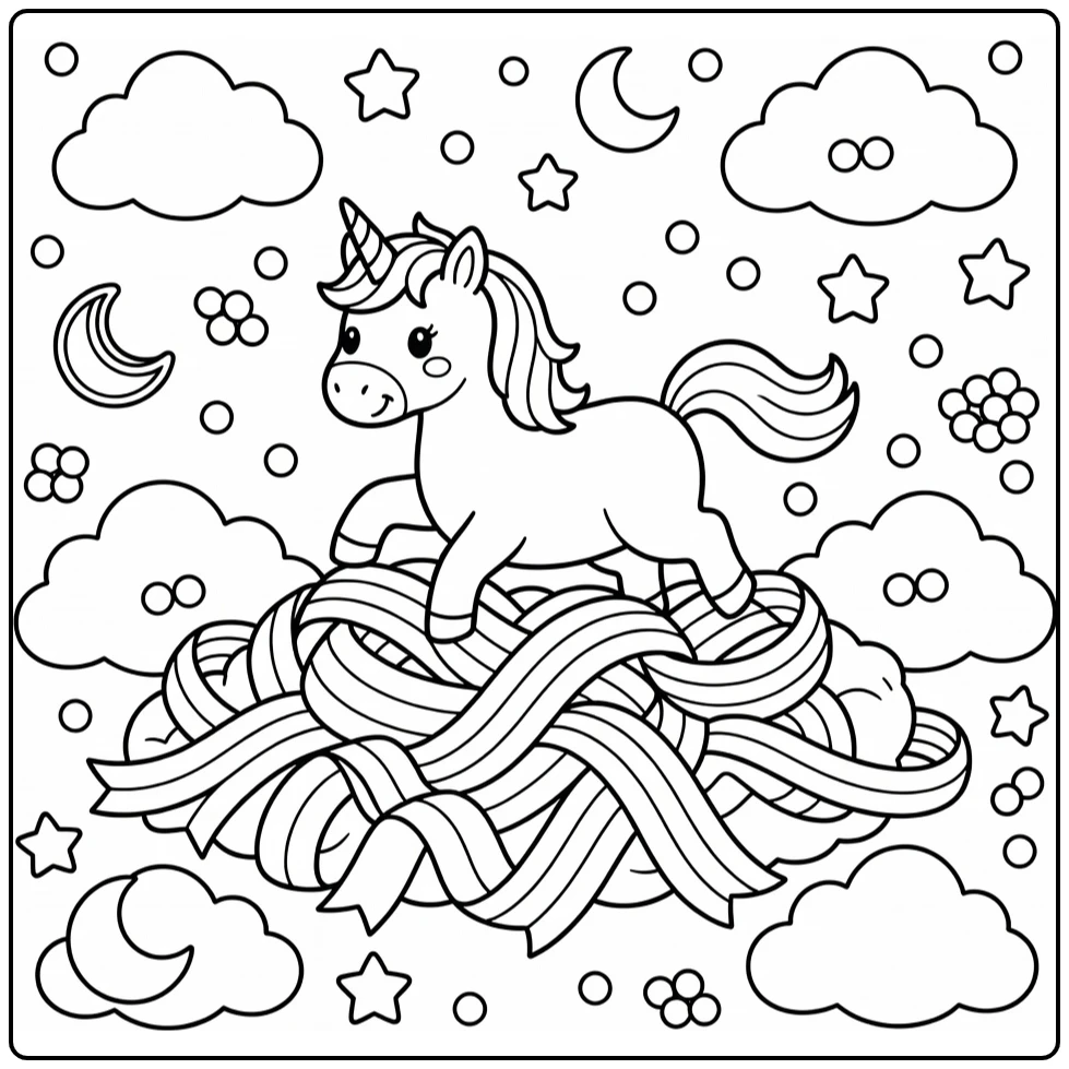 Unicorn tumbling into rainbow ribbons: rainbow unicorn coloring page