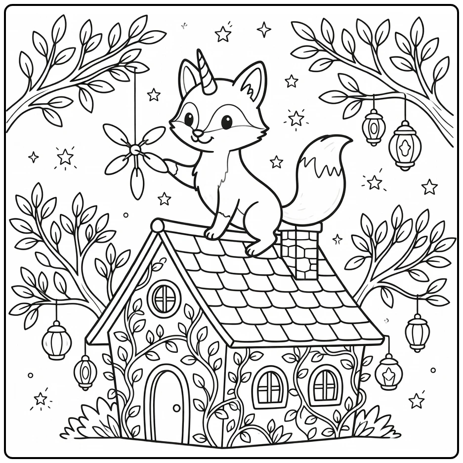 Unicorn fox coloring page: magical fox with horn on cottage roof