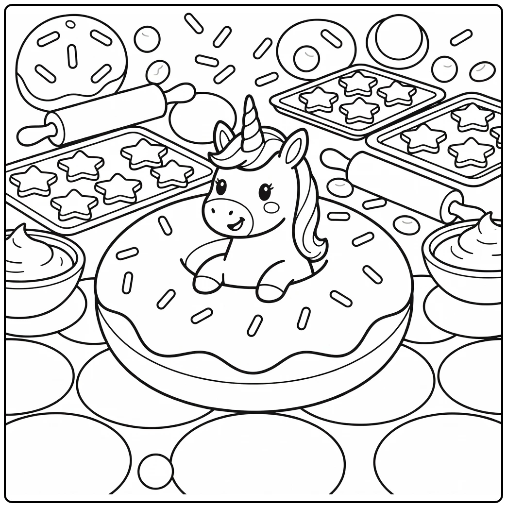 Unicorn peeking from donut unicorn food coloring page