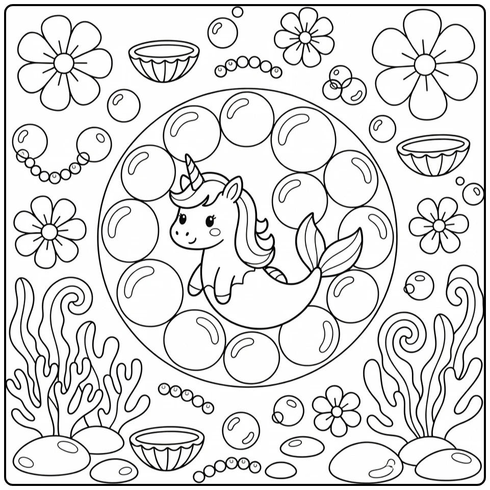 Unicorn mermaid coloring page in playful bubble cage trap