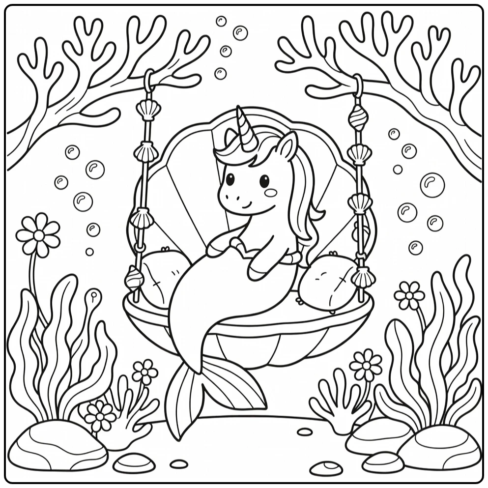 Unicorn mermaid coloring page: shell swing in playful reef