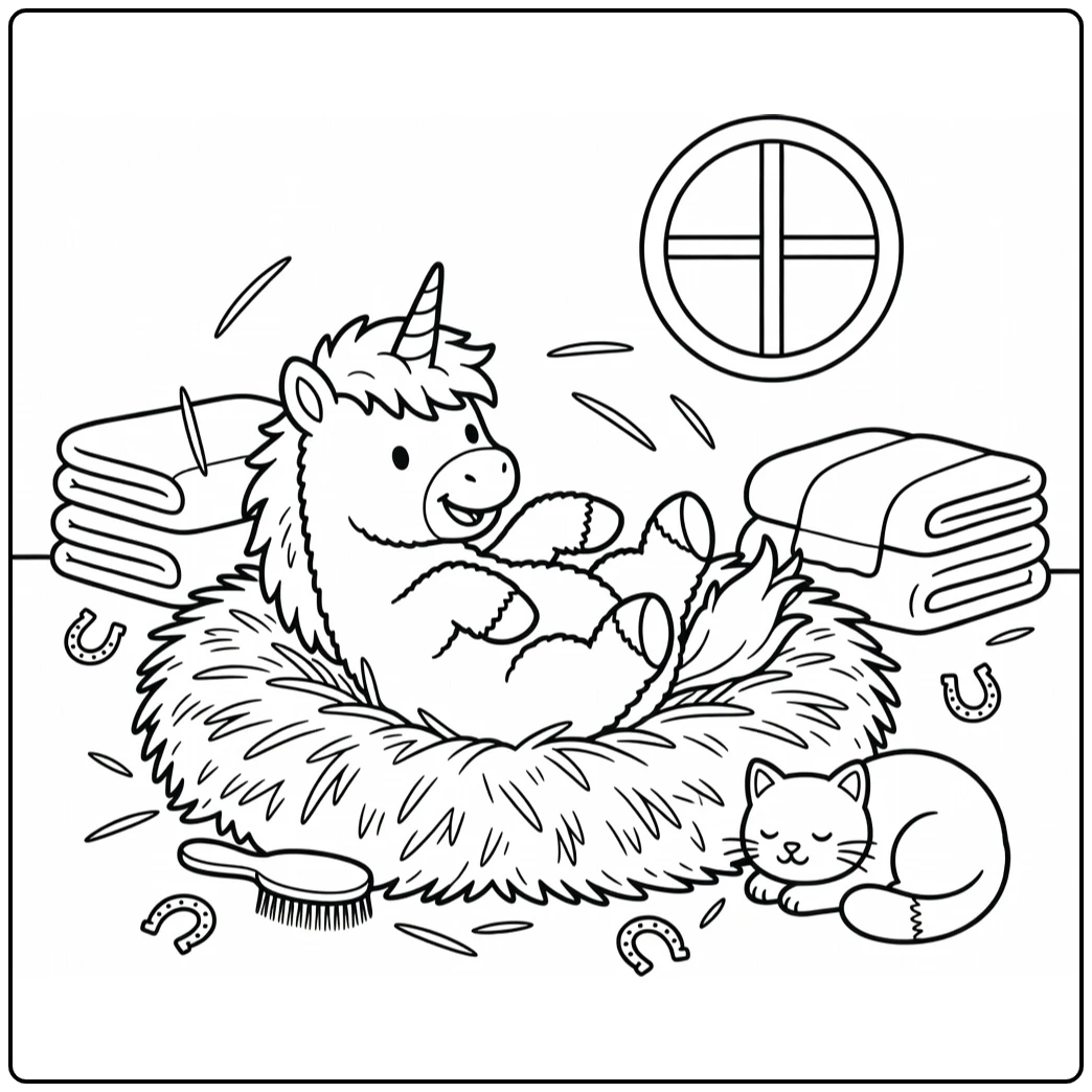 Unicorn pony coloring page: shaggy pony rolling in hay nest