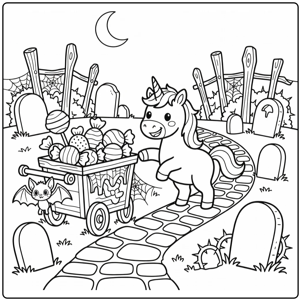 Unicorn Halloween coloring page: tiptoeing unicorn nears candy cart