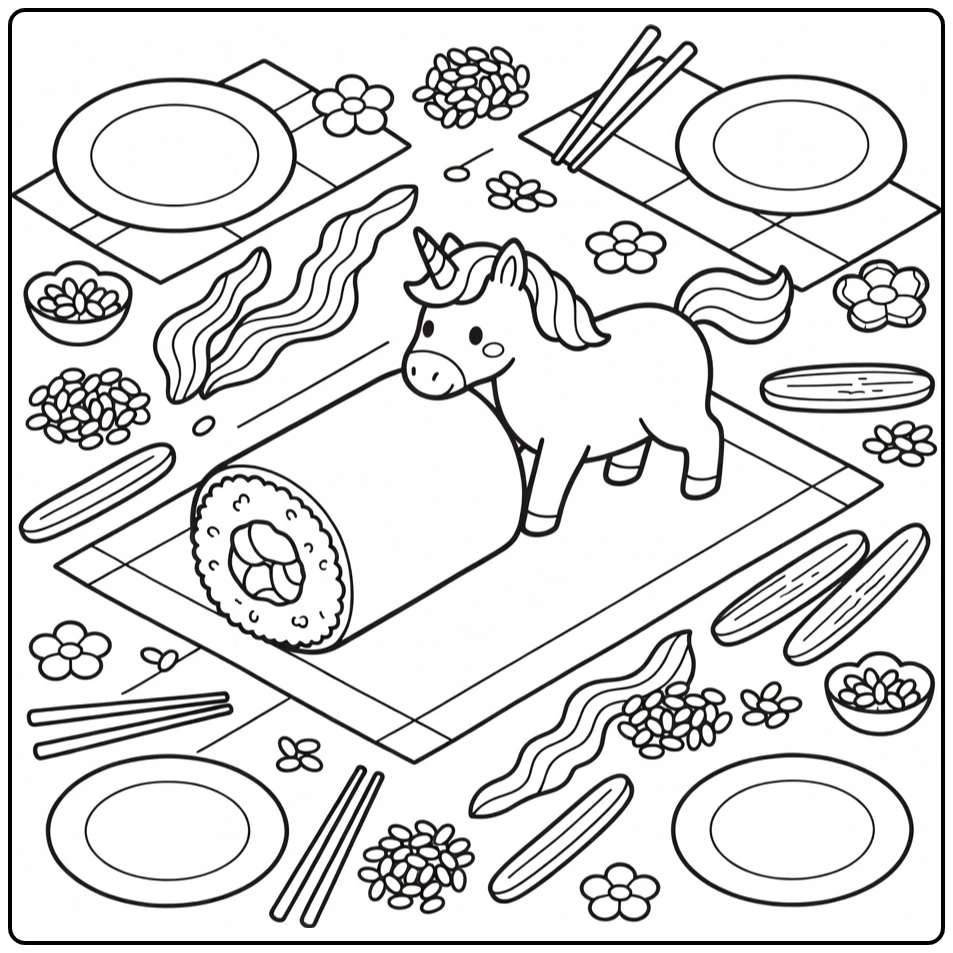 Unicorn pushing giant sushi roll unicorn food coloring page