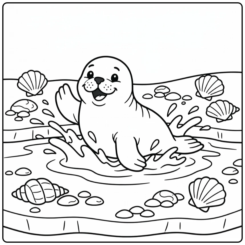 arctic animal coloring page for preschoolers: happy walrus calf splashing