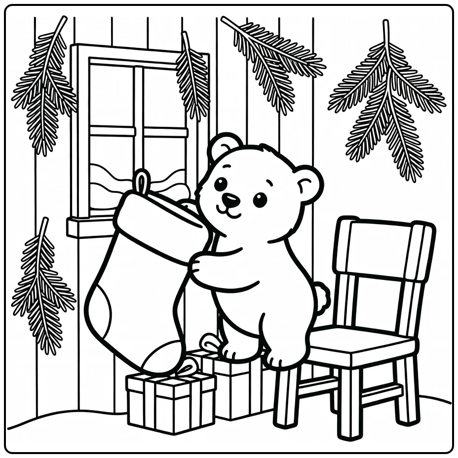Christmas animal coloring page: polar bear cub peeking stocking