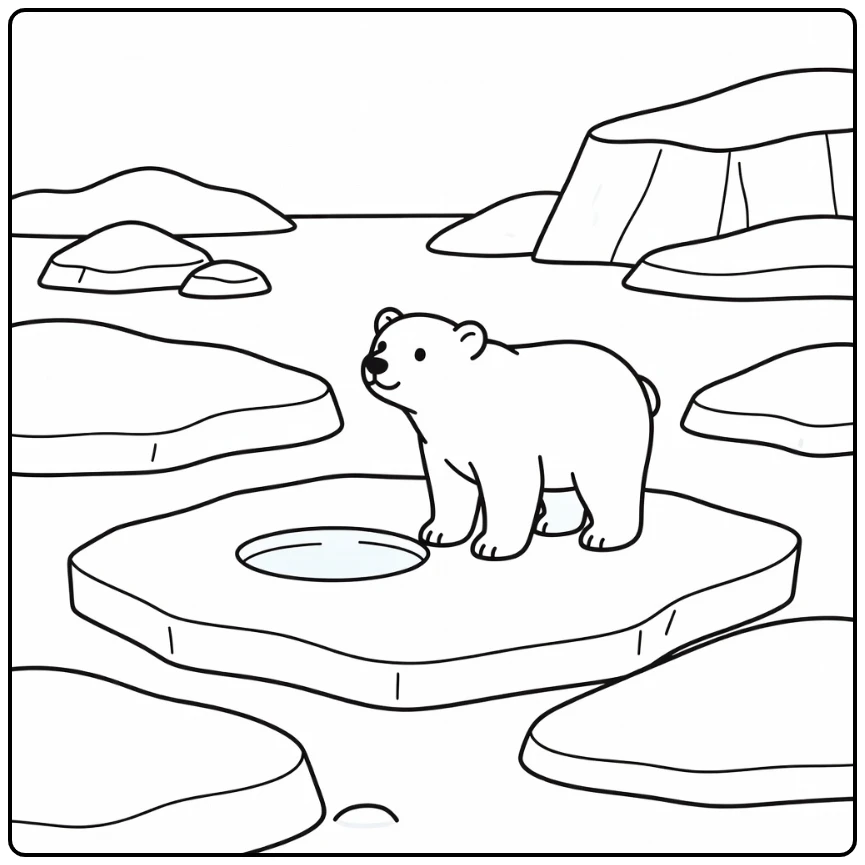 Arctic animals coloring page: polar bear sniffs seal hole