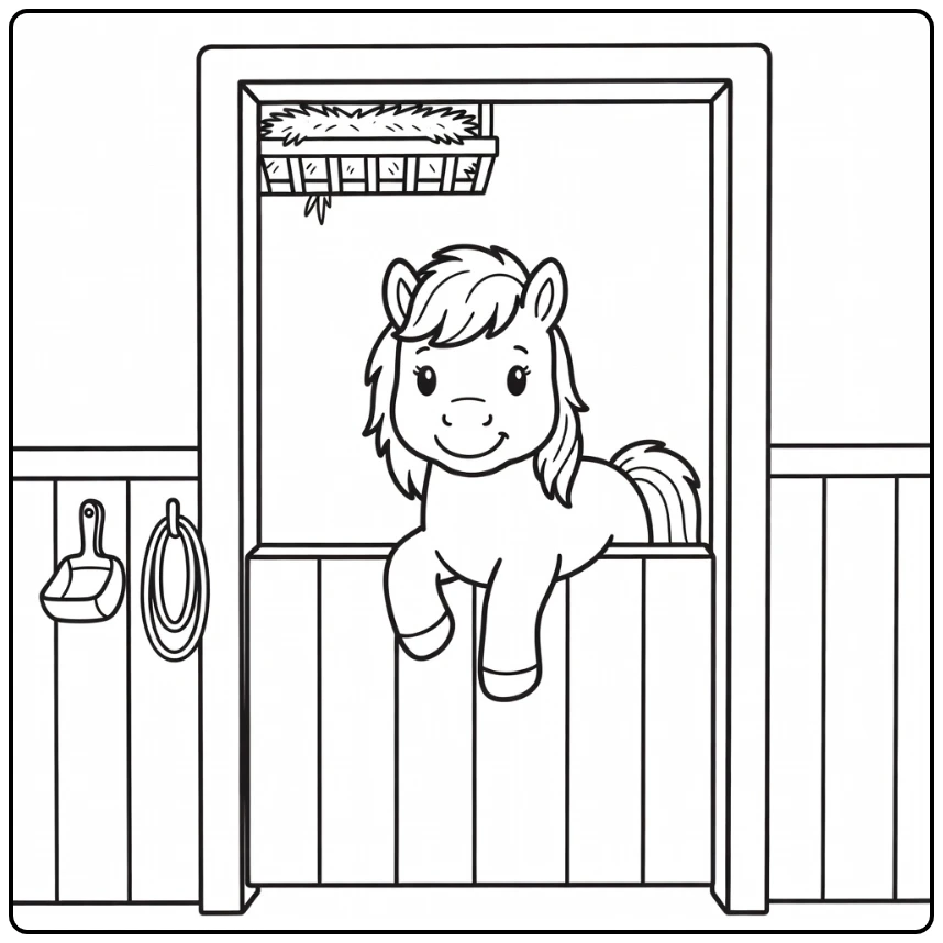 Pony coloring page of cute pony peeking over stall door