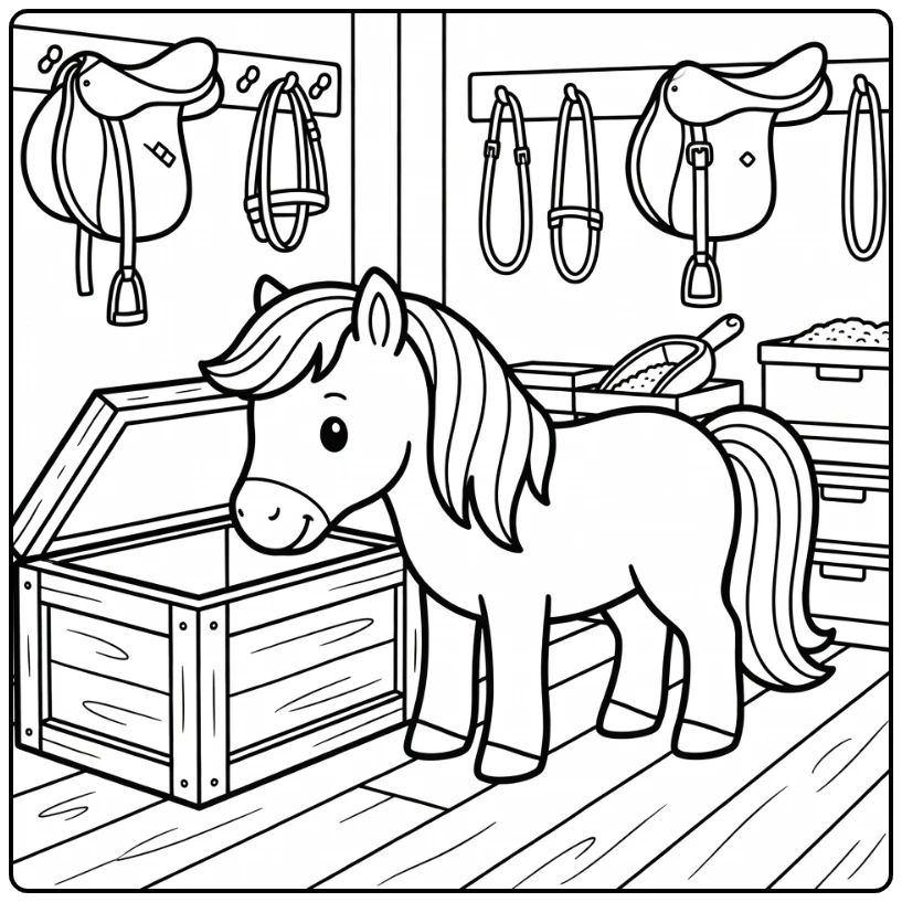 Pony coloring page of pony opening feed bin in tack room