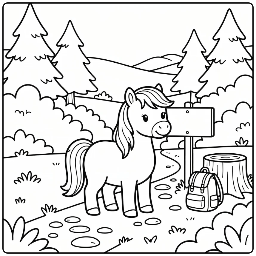 pony coloring page of cute pony by trail sign post