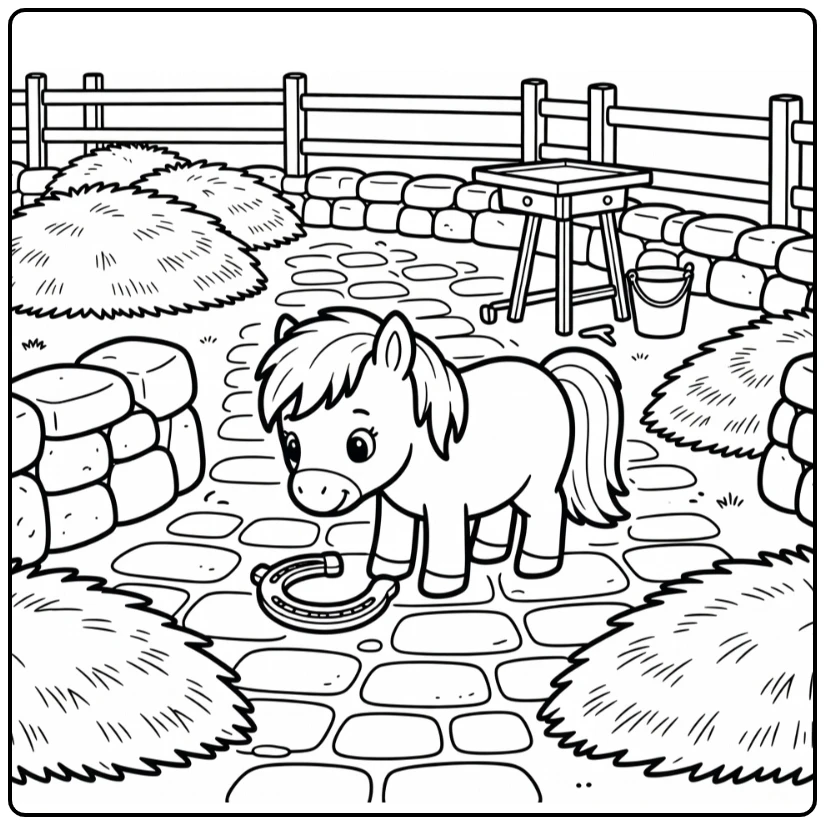 Pony coloring page of curious pony nudging horseshoe