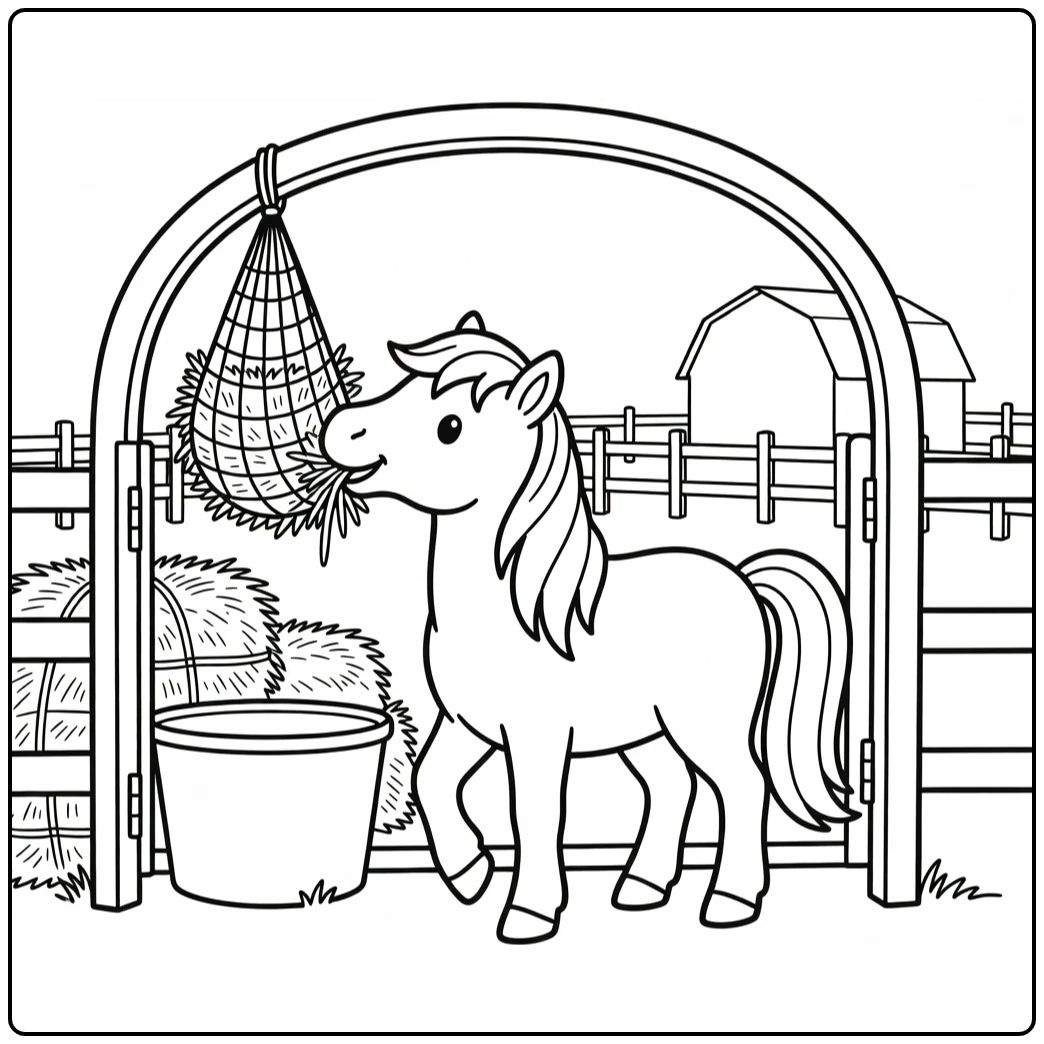 Pony coloring page of sturdy pony under farm gate with hay