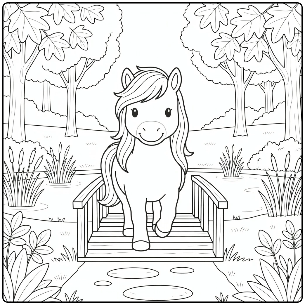 Pony coloring page showing cute pony crossing footbridge